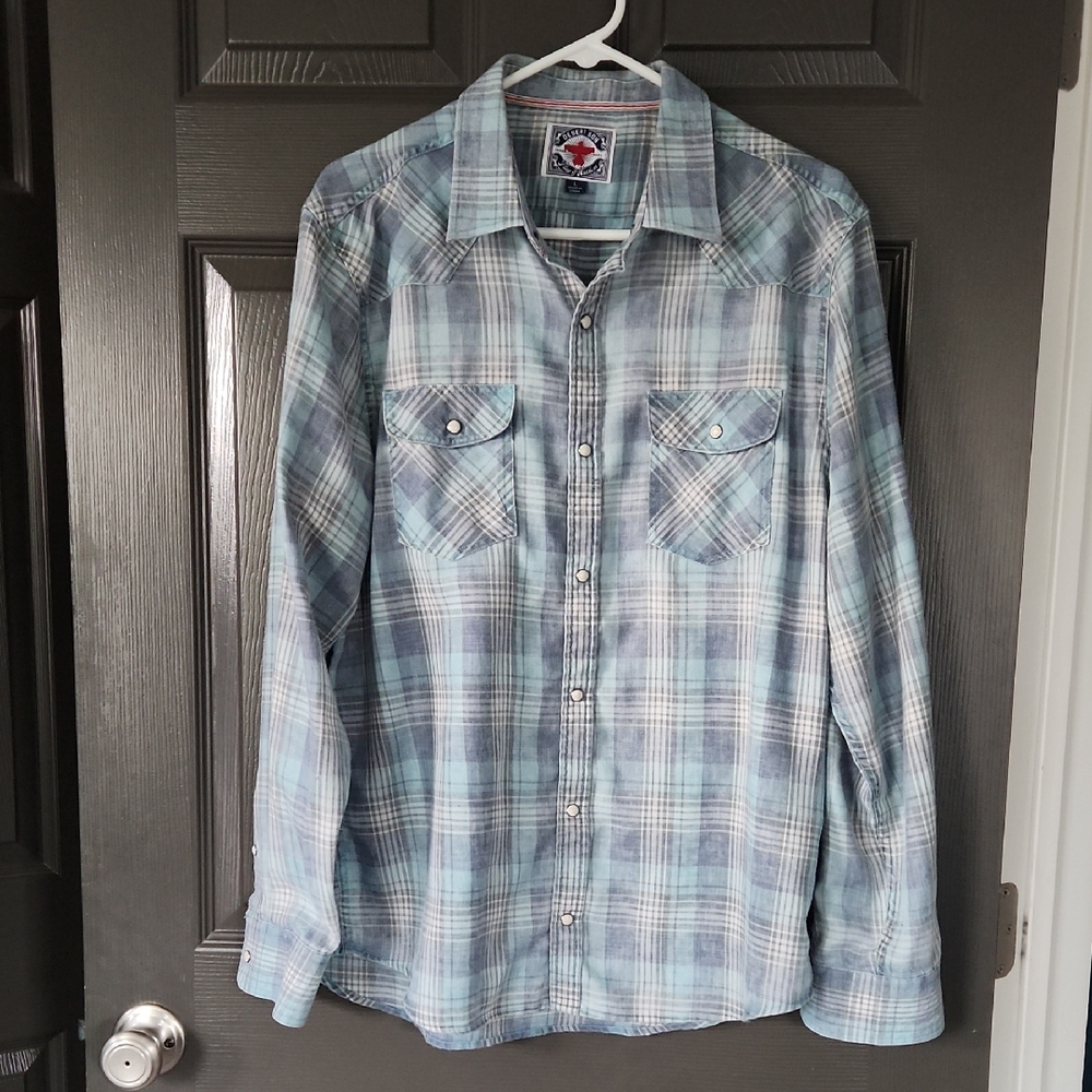 Mens Vintage Soft Western Blue Plaid Button-Up Shirt